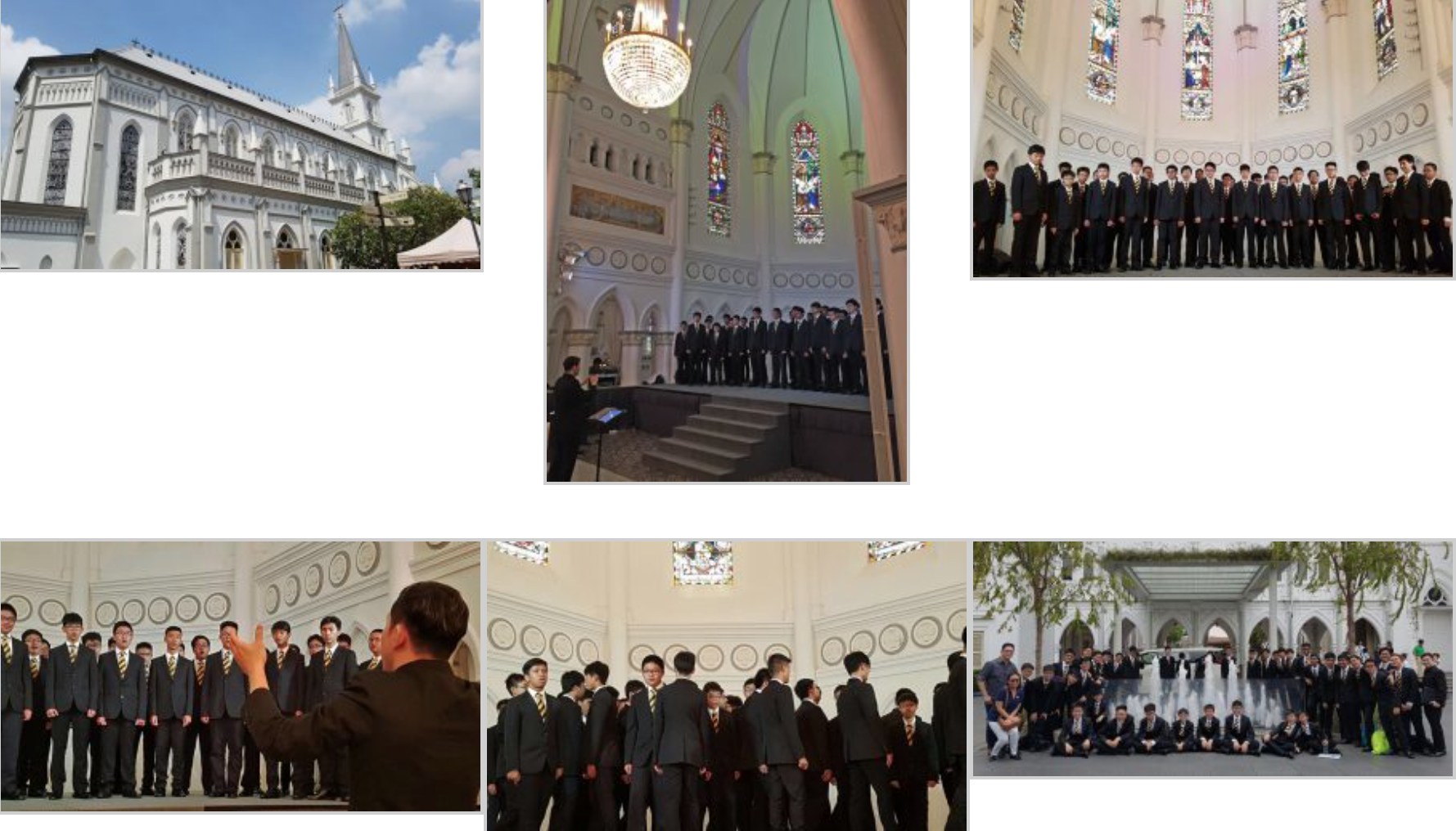 A choir in dark suits performs and poses inside and outside a white church with stained glass windows.